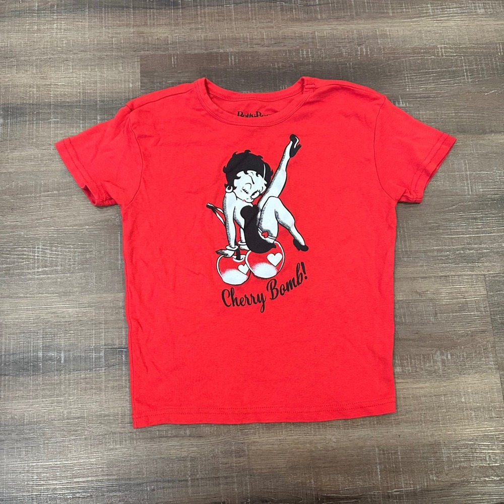 Betty Boop Cherry Bomb Red Graphic T Shirt L Pinup Rockabilly Y2K Retro Baby Tee